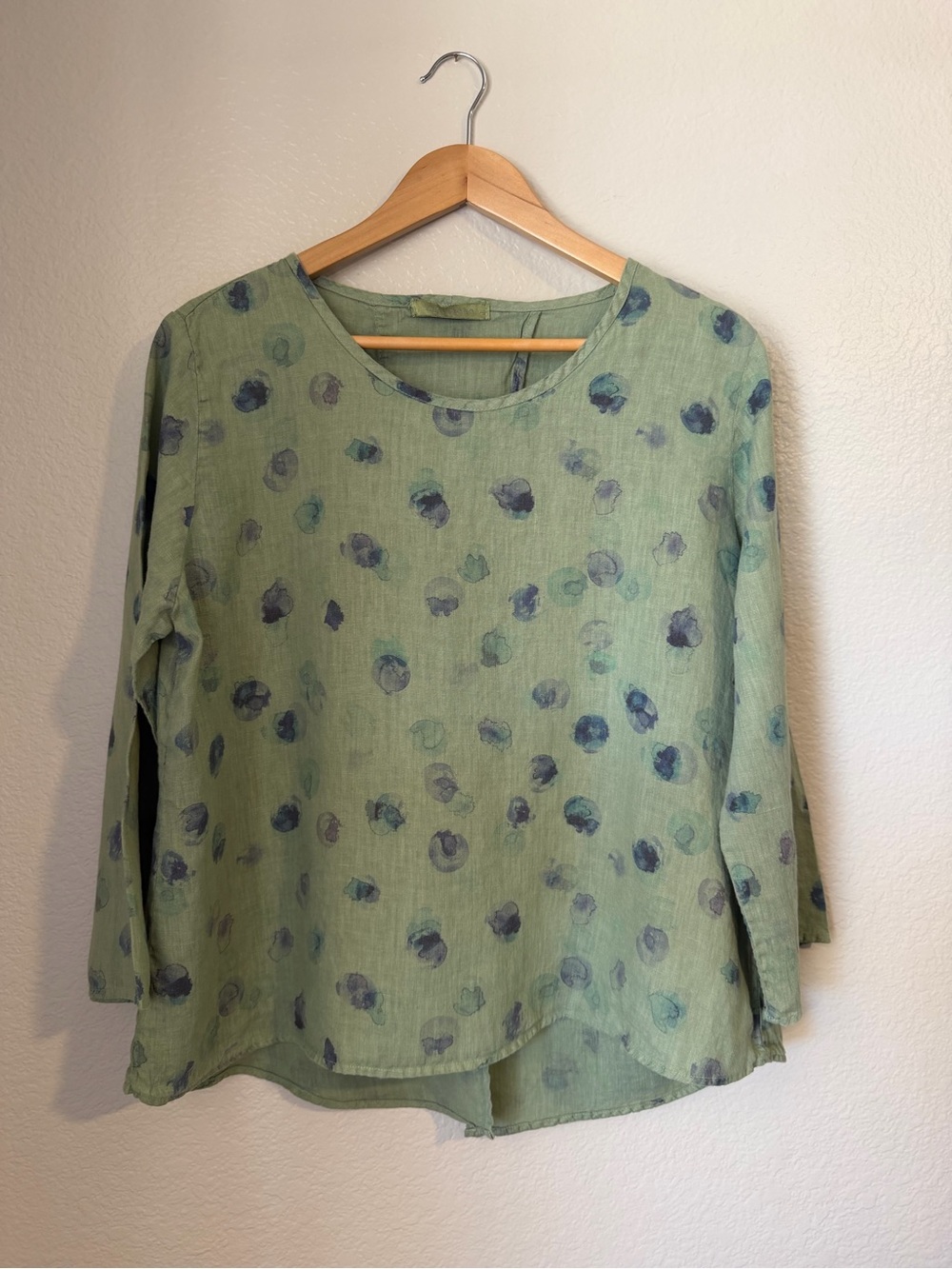 Cut Loose Linen Sage Green Blue Abstract Dot Print Artsy Lagenlook Blouse Large